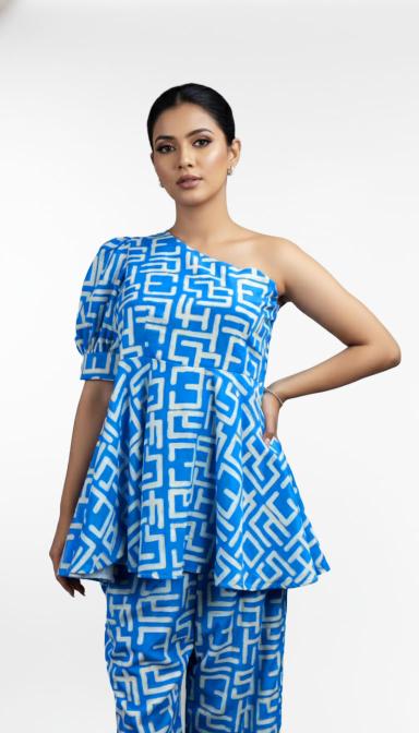 Blue One-Shoulder Peplum Co-ord Set