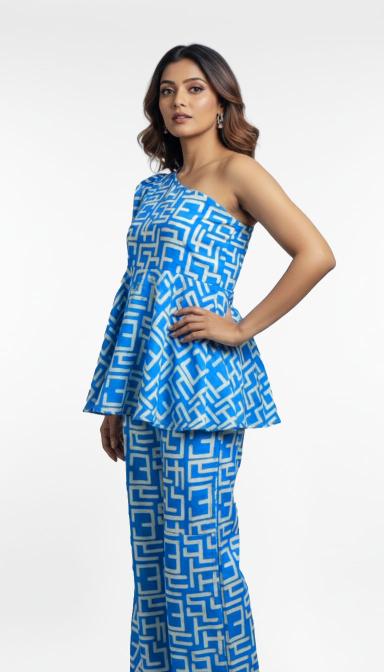 Blue One-Shoulder Peplum Co-ord Set