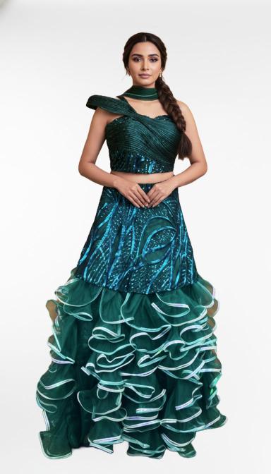 Green Sequin flared indo Western dress
