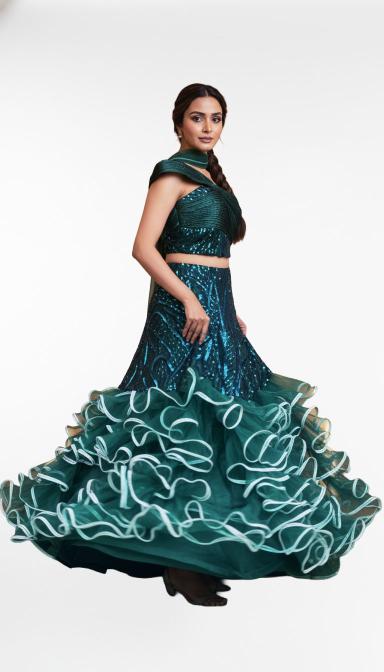 Green Sequin flared indo Western dress