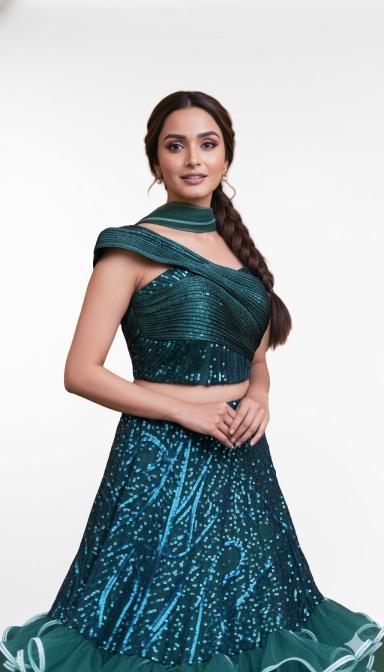Green Sequin flared indo Western dress