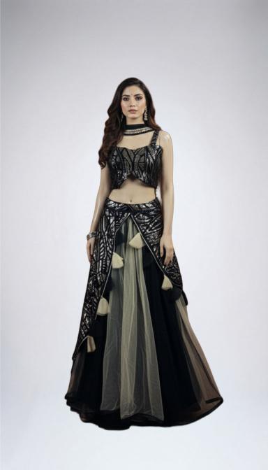 Black and Silver Sequins Embroidered Indo Western Lahenga Set