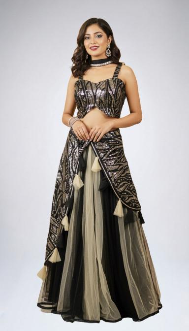Black and Silver Sequins Embroidered Indo Western Lahenga Set