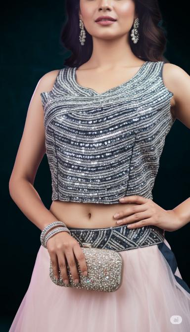 Baby pink mirror work indo Western Dress