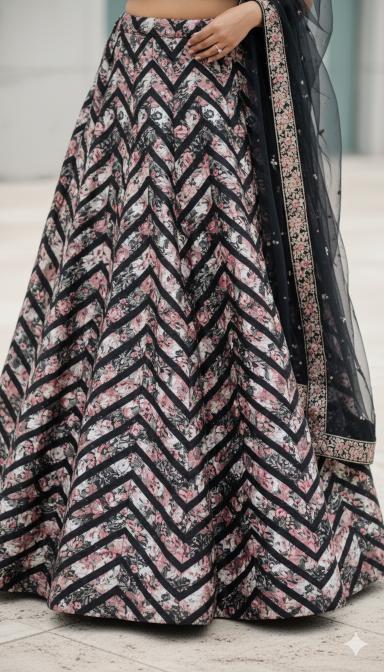 Black mirror work multi colour indo western lahenga.