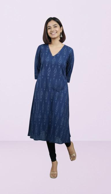 Navy Blue Ikat A-Line Kurti