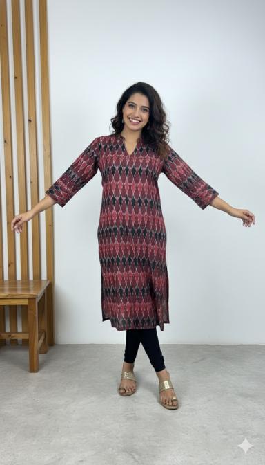 Maroon & Black Ikat Straight Kurti