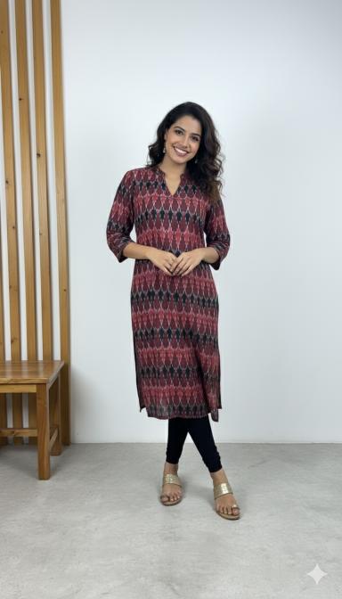Maroon & Black Ikat Straight Kurti