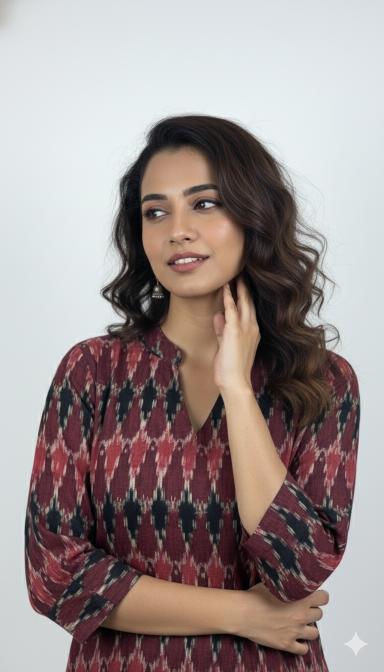 Maroon & Black Ikat Straight Kurti