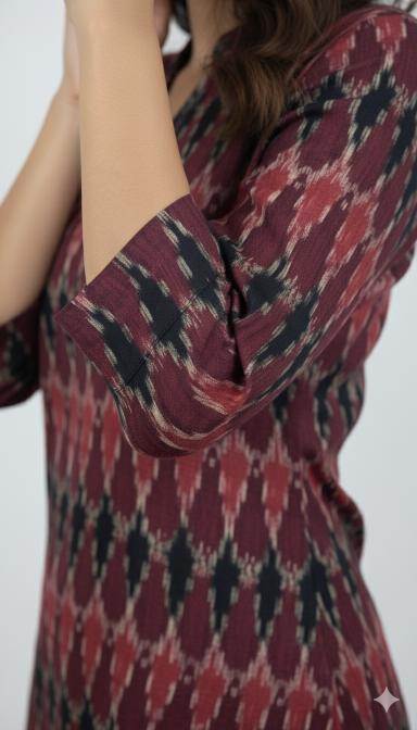 Maroon & Black Ikat Straight Kurti