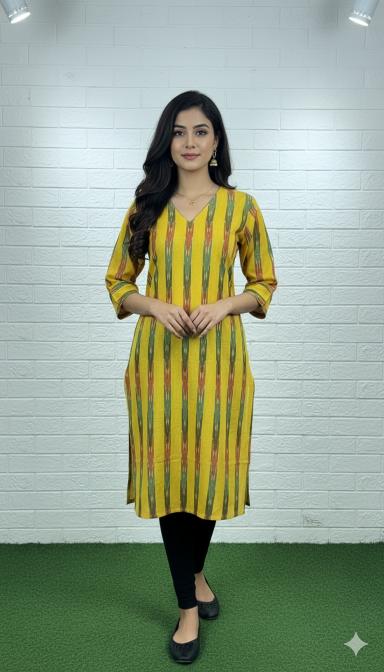 Mustard Multi-Stripe Ikat Straight Kurti