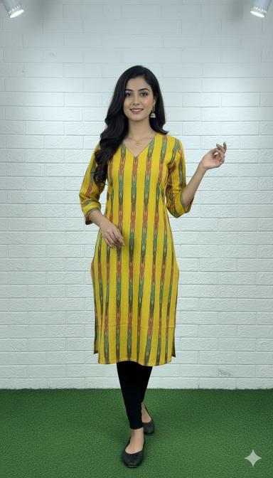 Mustard Multi-Stripe Ikat Straight Kurti