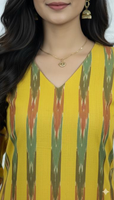 Mustard Multi-Stripe Ikat Straight Kurti