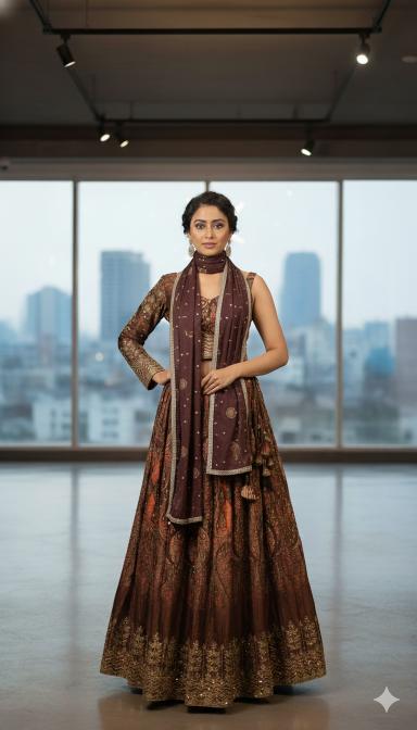Maroon Printed Indo Western Lehenga Set