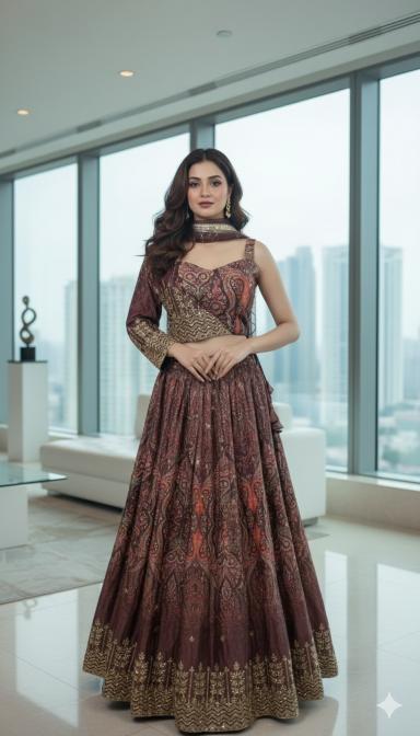 Maroon Printed Indo Western Lehenga Set