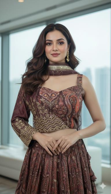 Maroon Printed Indo Western Lehenga Set