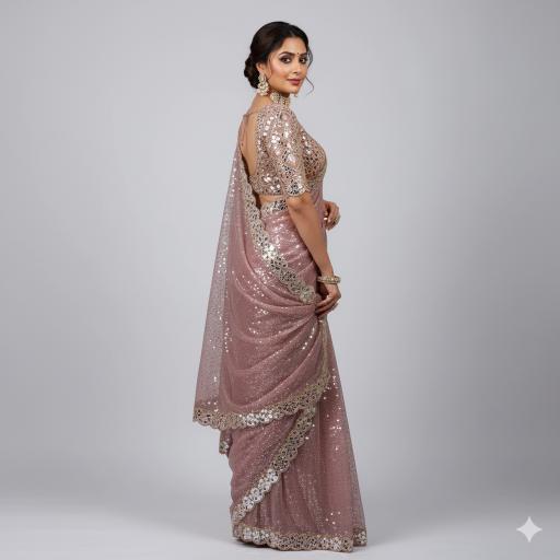 Dusky Mauve Mirrorwork Net Saree