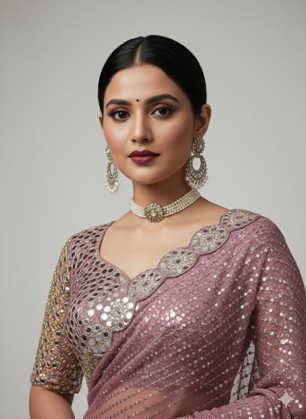 Dusky Mauve Mirrorwork Net Saree