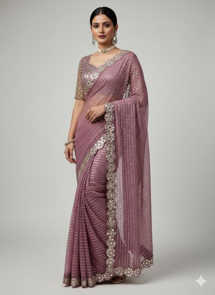 Dusky Mauve Mirrorwork Net Saree