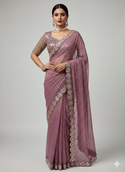Dusky Mauve Mirrorwork Net Saree