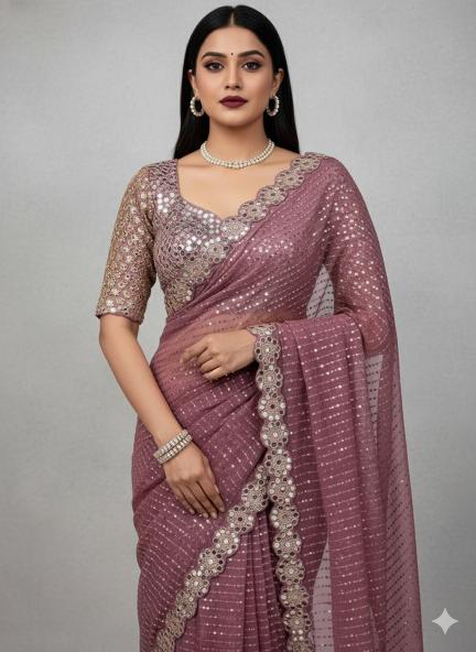 Dusky Mauve Mirrorwork Net Saree