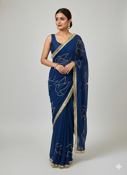 Midnight Bloom Beaded Chiffon Saree