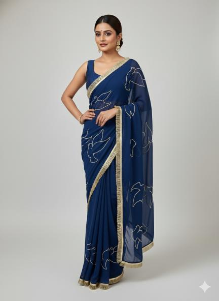 Midnight Bloom Beaded Chiffon Saree