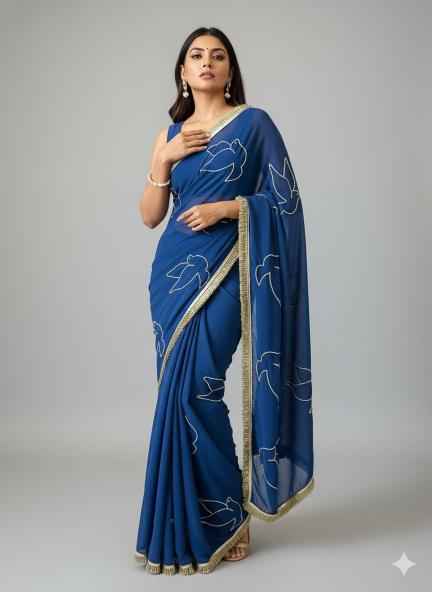 Midnight Bloom Beaded Chiffon Saree