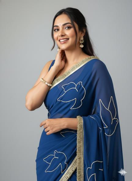 Midnight Bloom Beaded Chiffon Saree