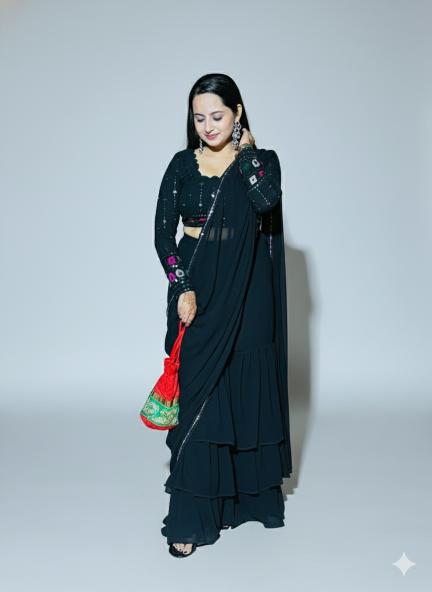 Black Designer heavy faux Georgette Ruffle Lahenga set