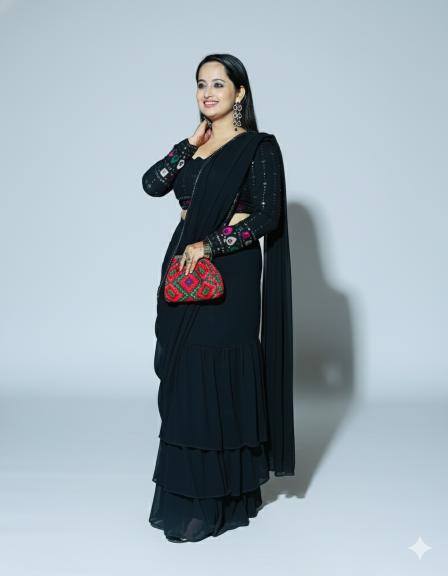 Black Designer heavy faux Georgette Ruffle Lahenga set