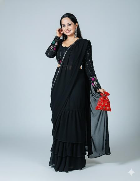 Black Designer heavy faux Georgette Ruffle Lahenga set