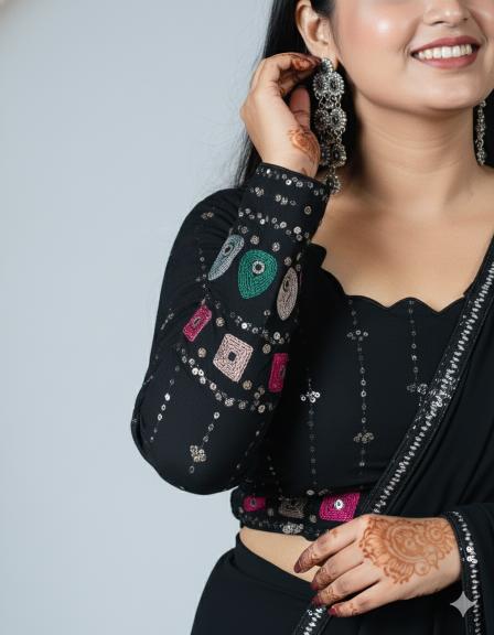 Black Designer heavy faux Georgette Ruffle Lahenga set