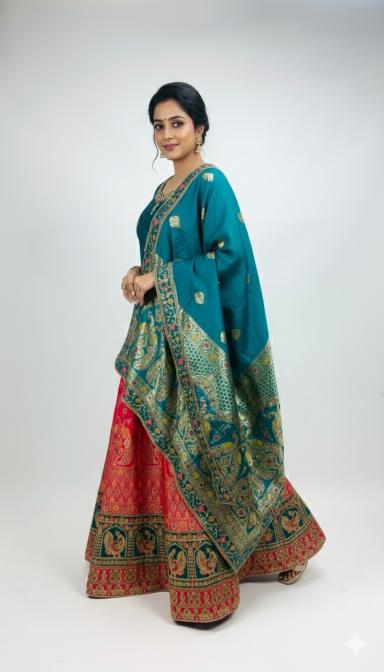 Royal Teal & Crimson Banarasi Lehenga Set