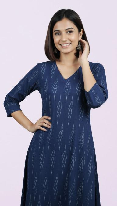 Navy Blue Ikat A-Line Kurti