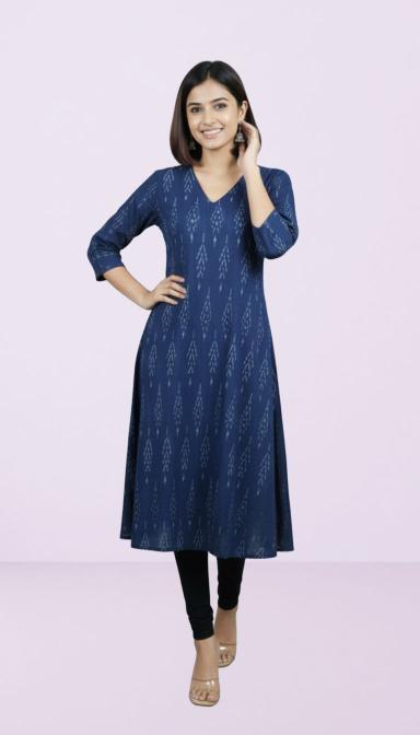 Navy Blue Ikat A-Line Kurti