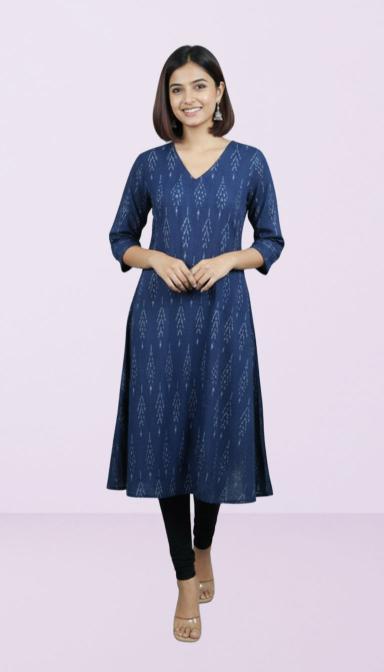 Navy Blue Ikat A-Line Kurti