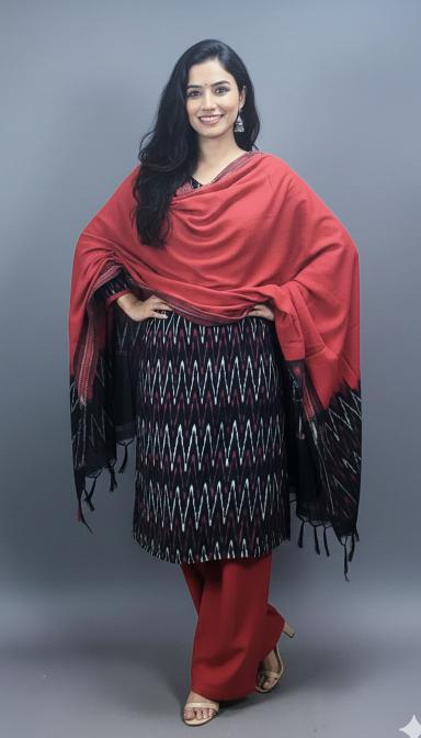 Black Sambalpuri Zig-Zag Ikat Kurti Set with Red Dupatta