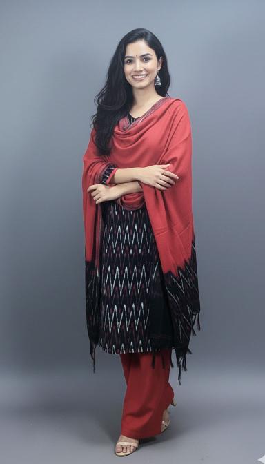 Black Sambalpuri Zig-Zag Ikat Kurti Set with Red Dupatta