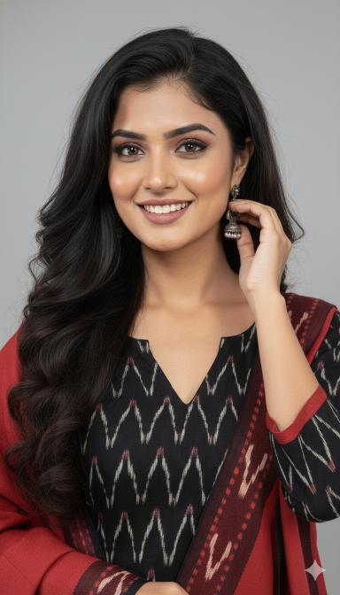 Black Sambalpuri Ikat Kurti Set with Red Contrast Dupatta