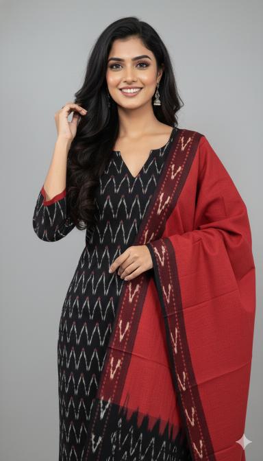 Black Sambalpuri Ikat Kurti Set with Red Contrast Dupatta