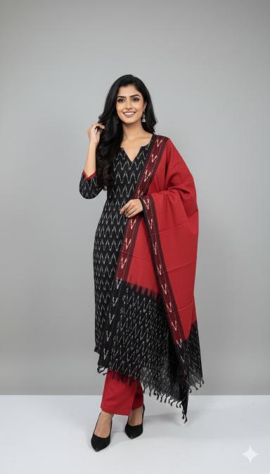 Black Sambalpuri Ikat Kurti Set with Red Contrast Dupatta