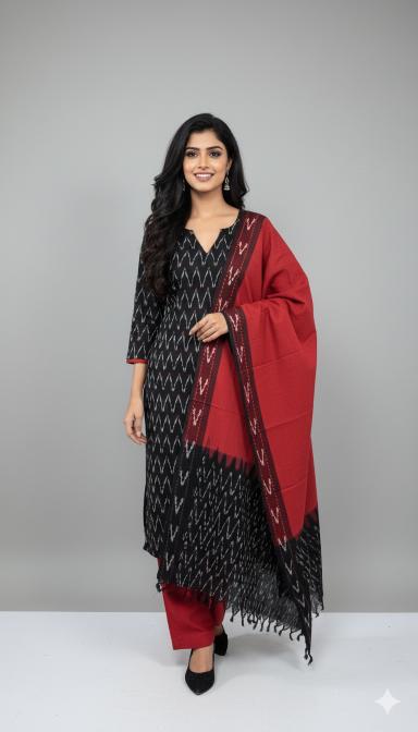 Black Sambalpuri Ikat Kurti Set with Red Contrast Dupatta