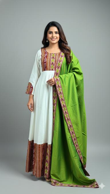 Sambalpuri Anarkali Suit with Green Dupatta