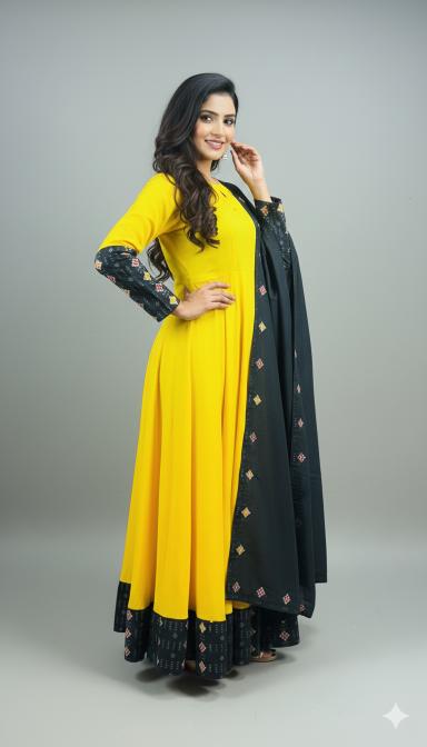 Yellow Sambalpuri Anarkali Suit with Black Dupatta
