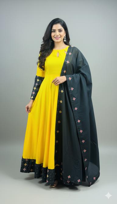 Yellow Sambalpuri Anarkali Suit with Black Dupatta
