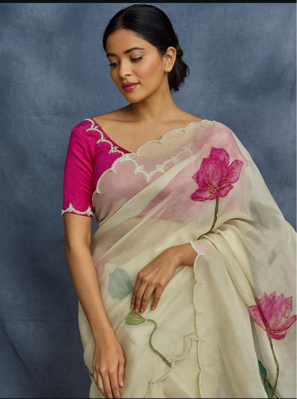 Ivory Blossom Organza Saree with Pearl Accent Blouse