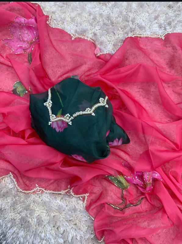 Rosé Bloom Pearl-Edged Organza Saree