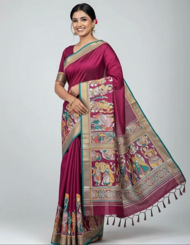 Nritya Kalamkari Tassel Saree – Maroon Edition