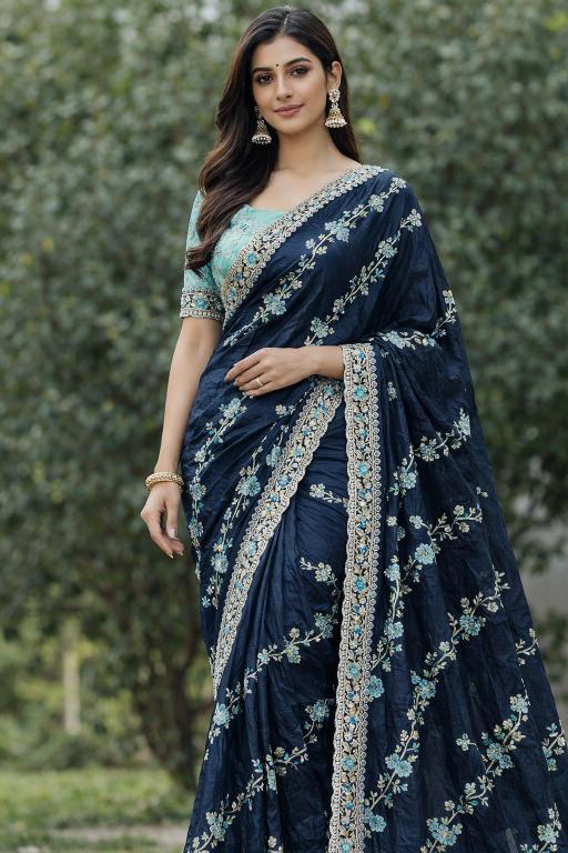Midnight Aqua Bloom Embroidered Saree